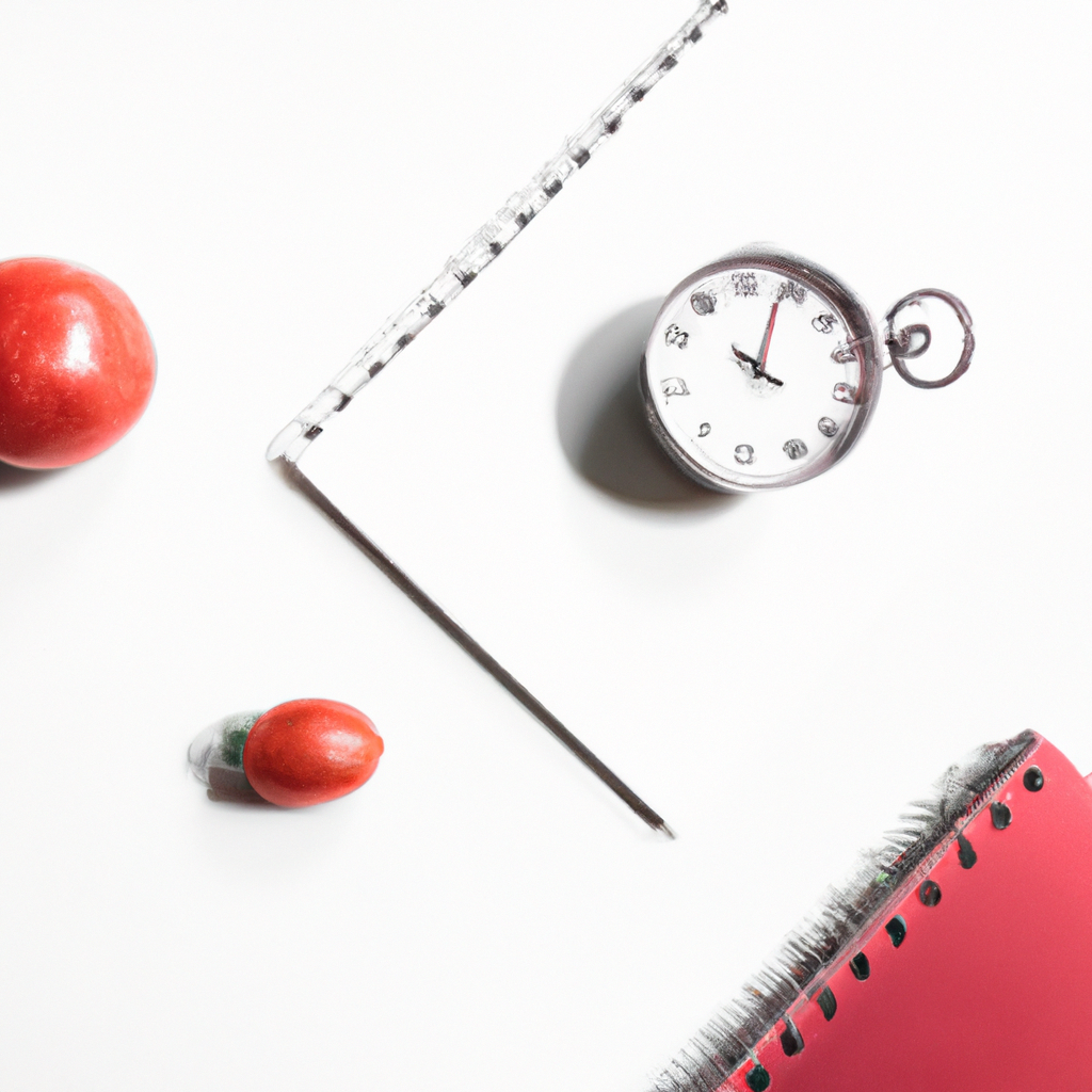 Red Pomodoro timer next to a minimalist notebook