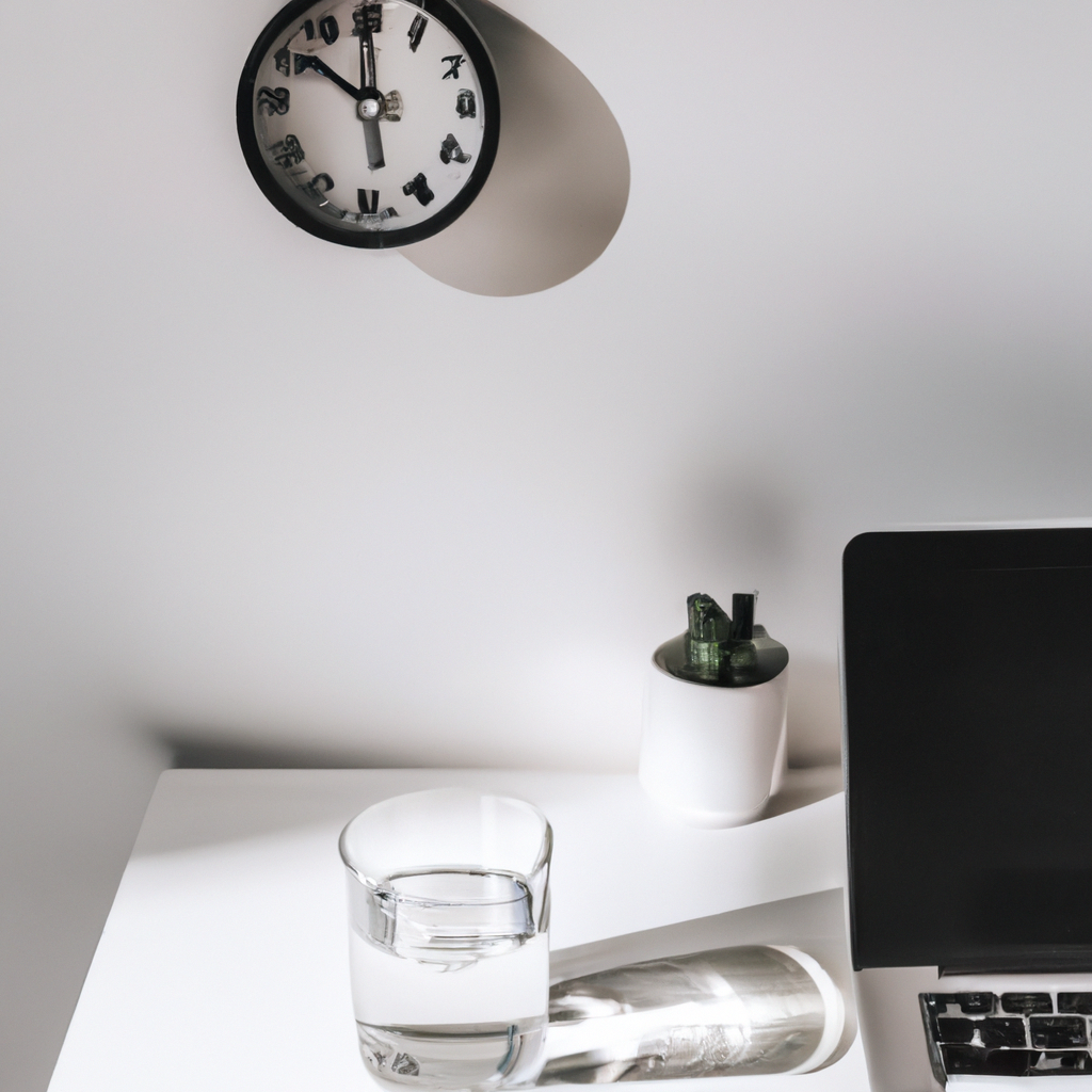 Minimal bright workspace with clock, notebook, and soft daylight